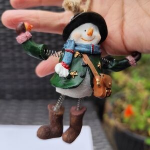 Snowman Ornament Green Jacket Brown Purse Boots and Spring legs